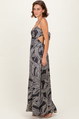 Black Printed Halter Cutout Tie Back Maxi Dress