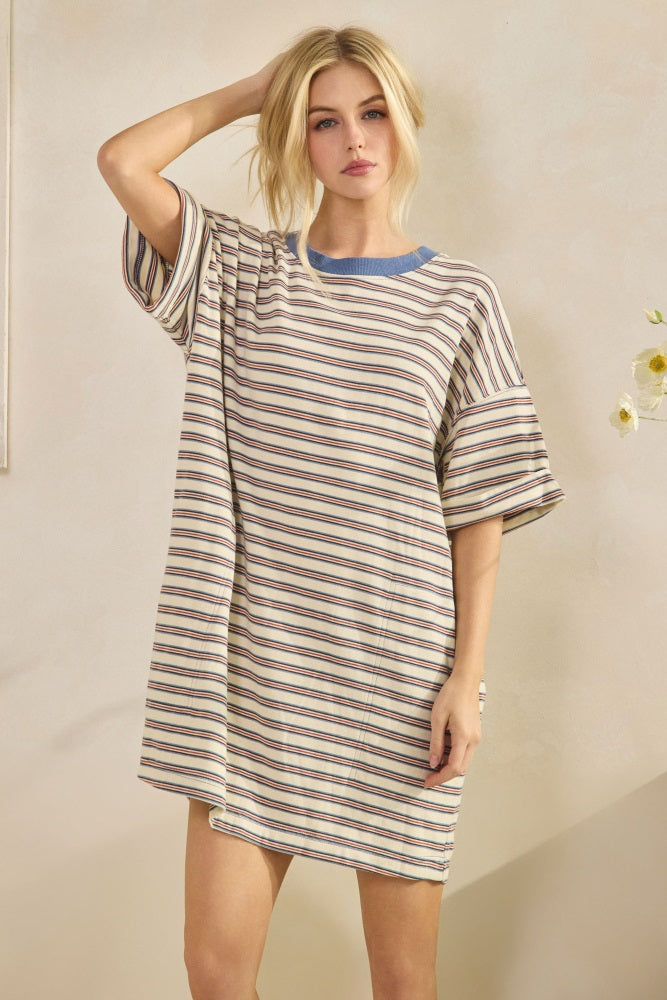 Cream Stripe Knit Short Sleeve T-Shirt Dress