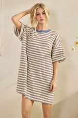 Cream Stripe Knit Short Sleeve T-Shirt Dress