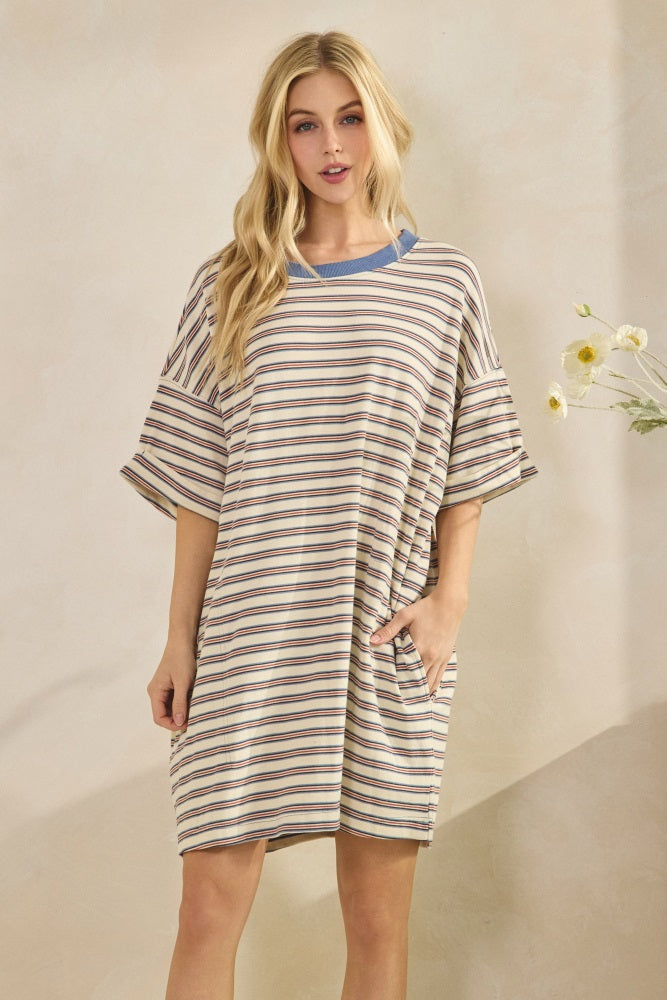 Cream Stripe Knit Short Sleeve T-Shirt Dress