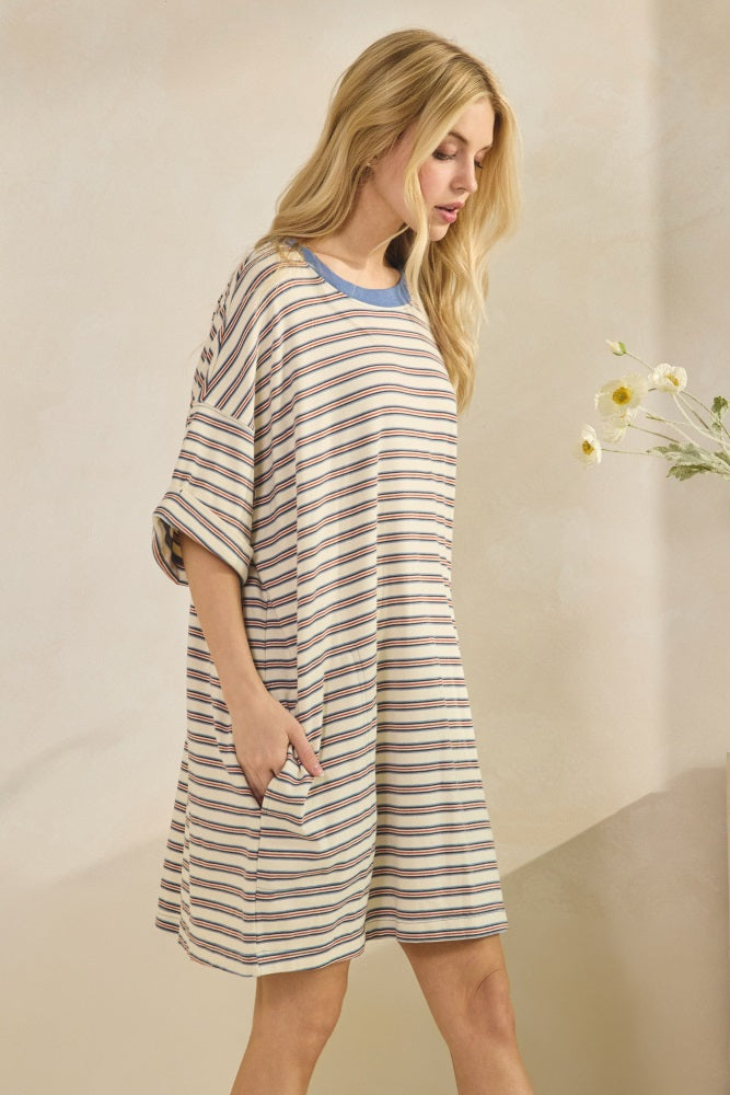 Cream Stripe Knit Short Sleeve T-Shirt Dress