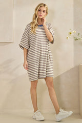 Cream Stripe Knit Short Sleeve T-Shirt Dress