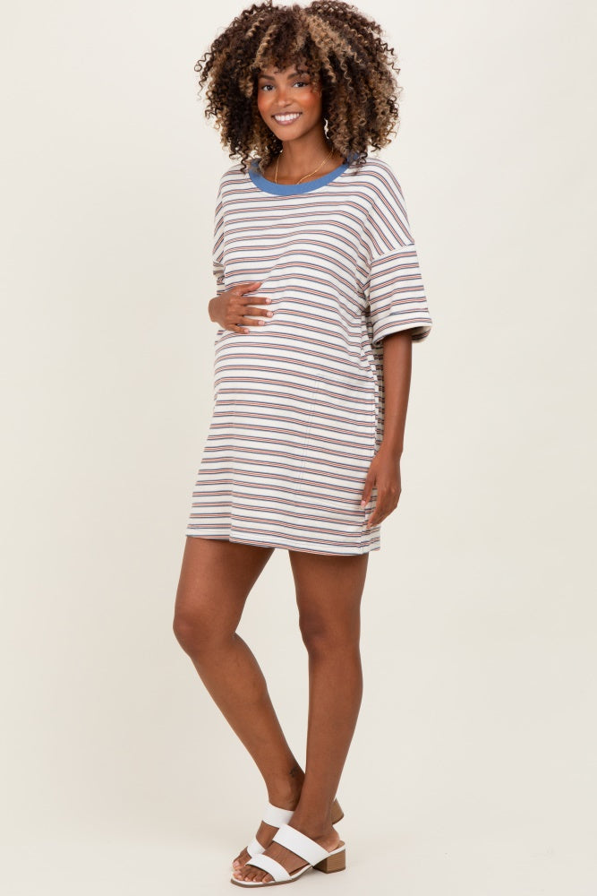 Cream Stripe Knit Short Sleeve Maternity T-Shirt Dress