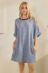 Blue Stripe Knit Short Sleeve Maternity T-Shirt Dress