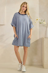 Blue Stripe Knit Short Sleeve T-Shirt Dress