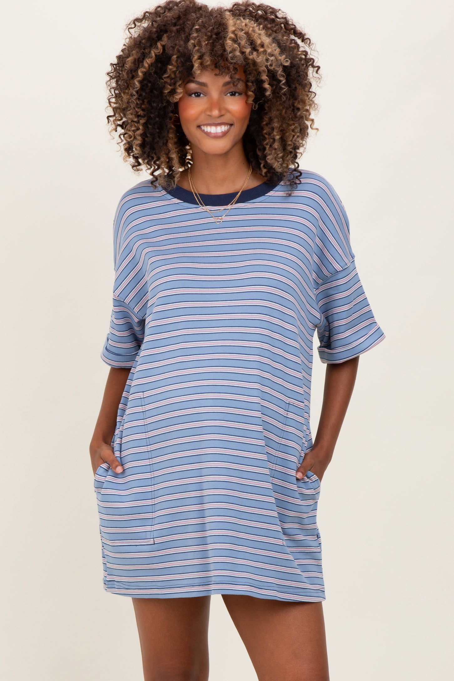 Blue Stripe Knit Short Sleeve Maternity T-Shirt Dress