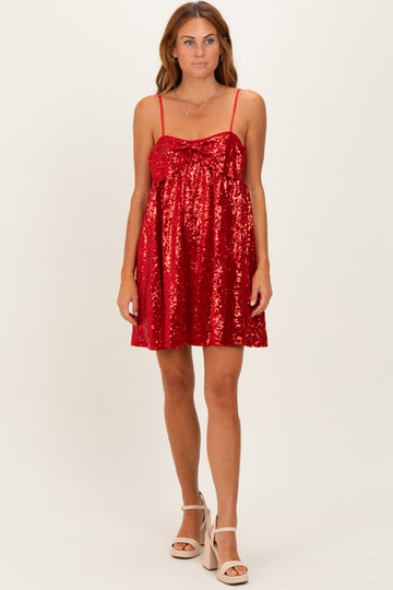 Red Bow Front Sleeveless Sequin Mini Dress