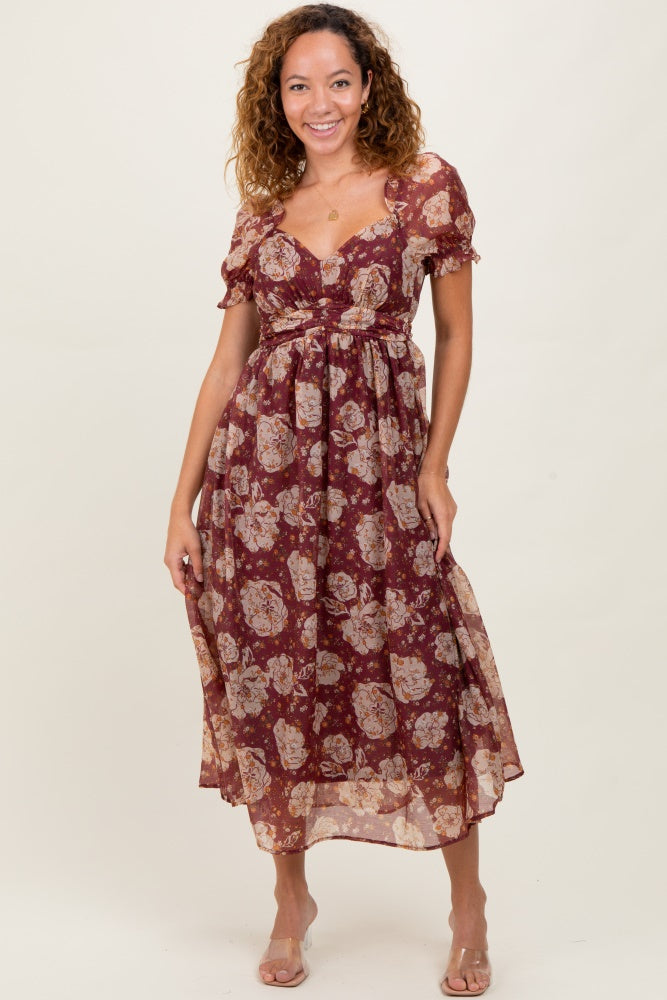 Burgundy Floral Chiffon Sweetheart Neckline Midi Dress