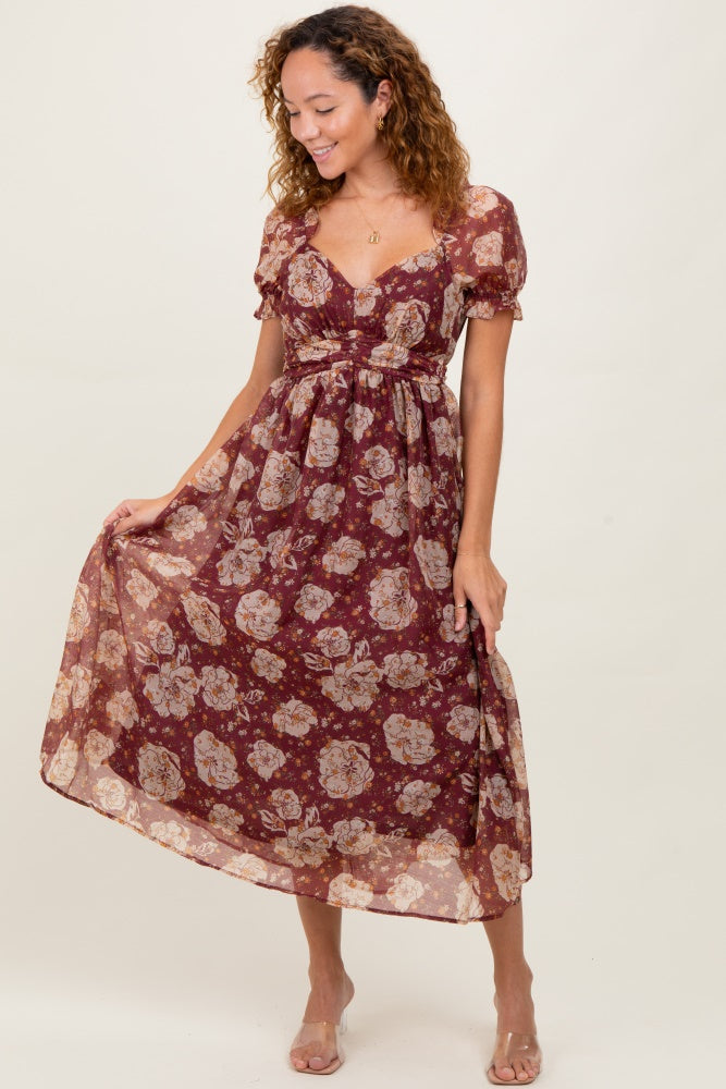 Burgundy Floral Chiffon Sweetheart Neckline Midi Dress