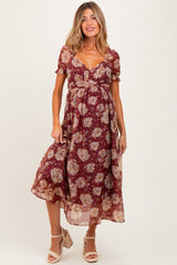 Burgundy Floral Chiffon Sweetheart Neckline Maternity Midi Dress