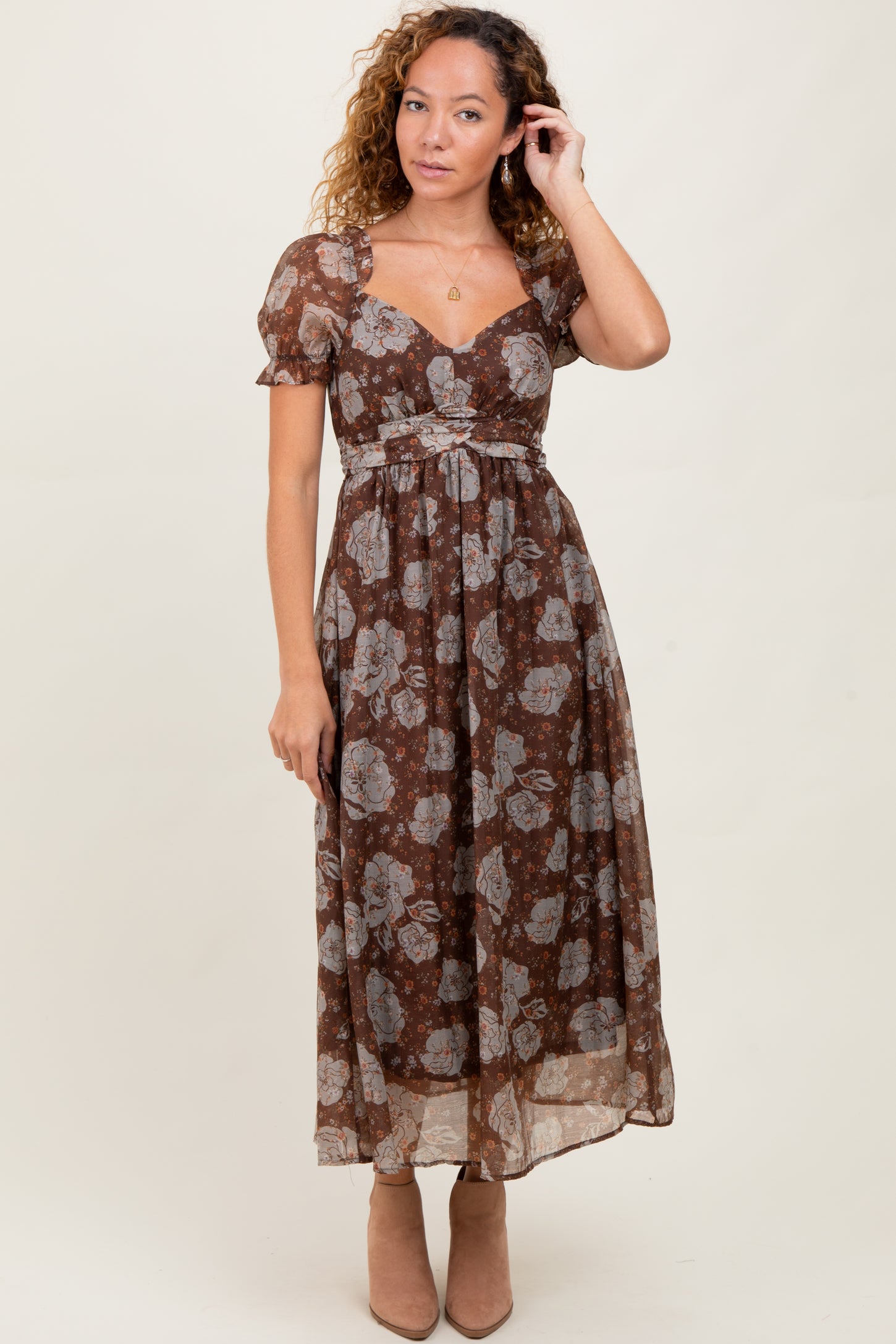 Brown Floral Chiffon Sweetheart Neckline Maternity Midi Dress