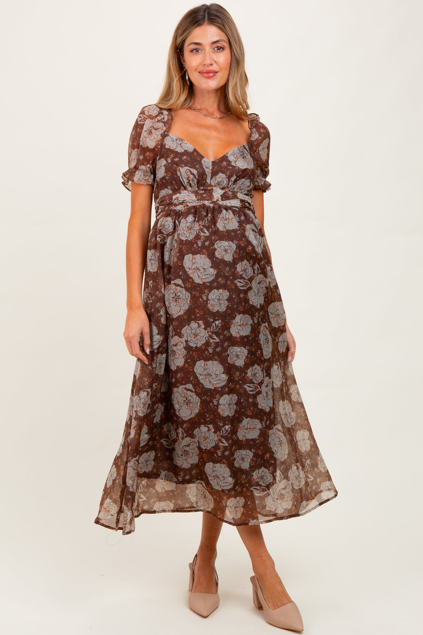 Brown Floral Chiffon Sweetheart Neckline Maternity Midi Dress