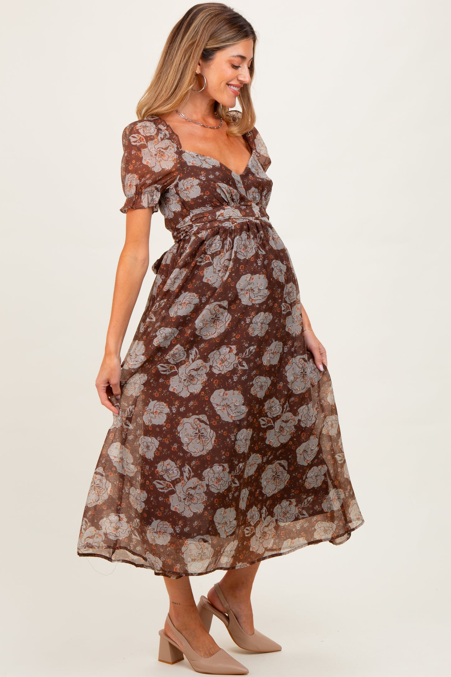 Brown Floral Chiffon Sweetheart Neckline Maternity Midi Dress