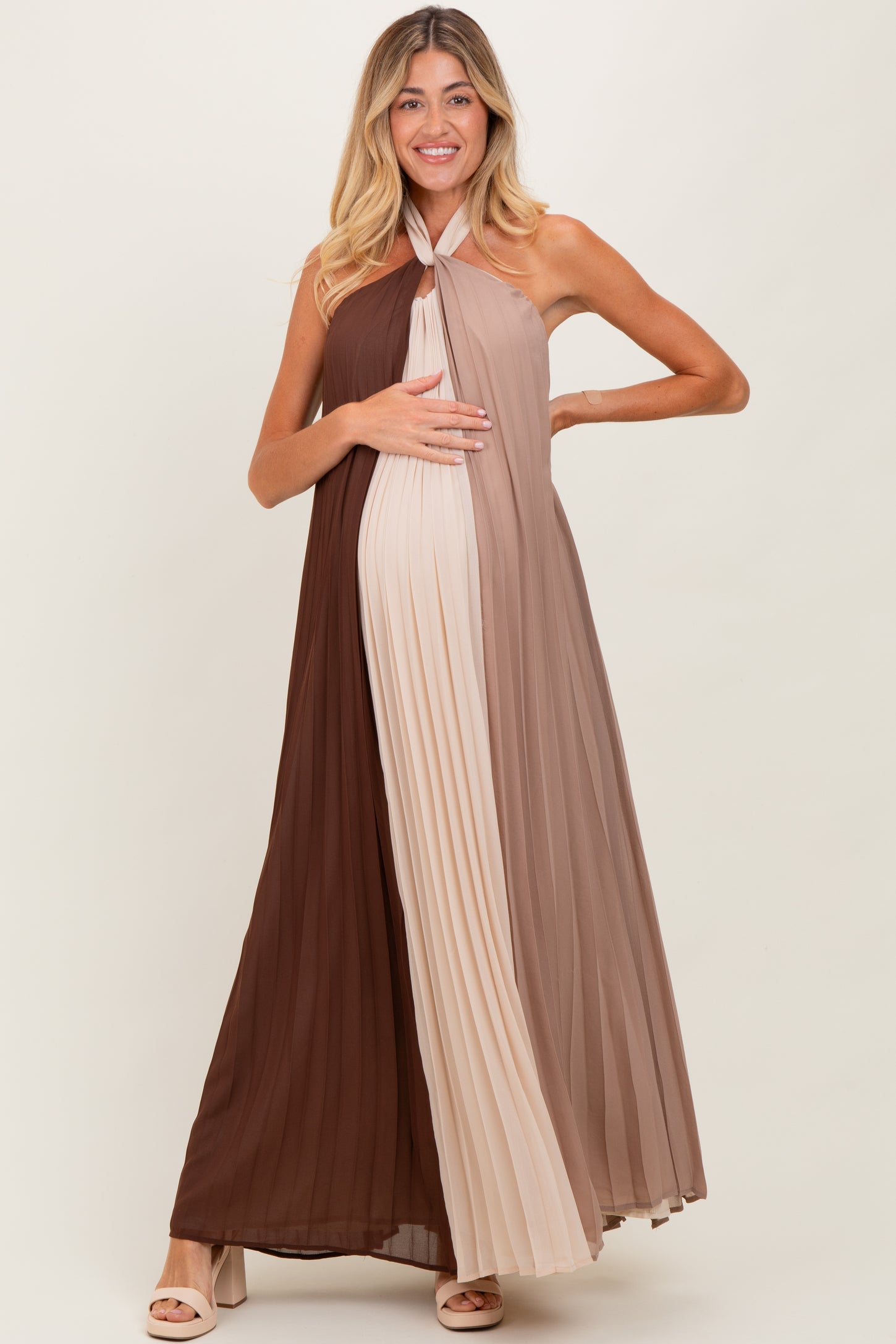 Brown Colorblock Pleated Halter Neck Maternity Maxi Dress – PinkBlush
