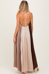 Brown Colorblock Pleated Halter Neck Maternity Maxi Dress