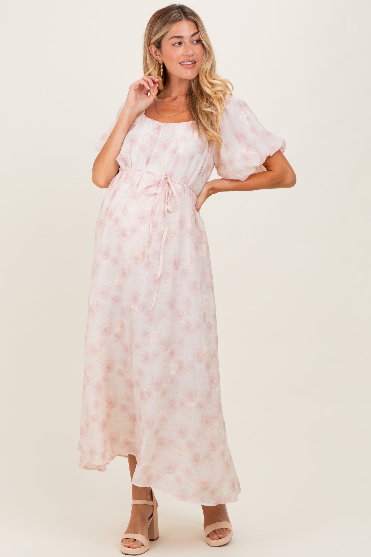 ivory floral embroidered maternity midi dress Ivory Embroidered Floral Puff Sleeve Maternity Midi Dress
