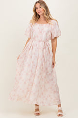 Ivory Floral Embroidered Puffed Sleeve Midi Dress