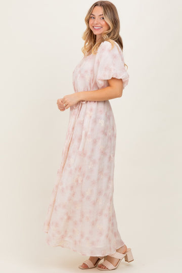Ivory Floral Embroidered Puffed Sleeve Midi Dress