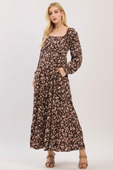 Brown Floral Square Neck Long Sleeve Maxi Dress