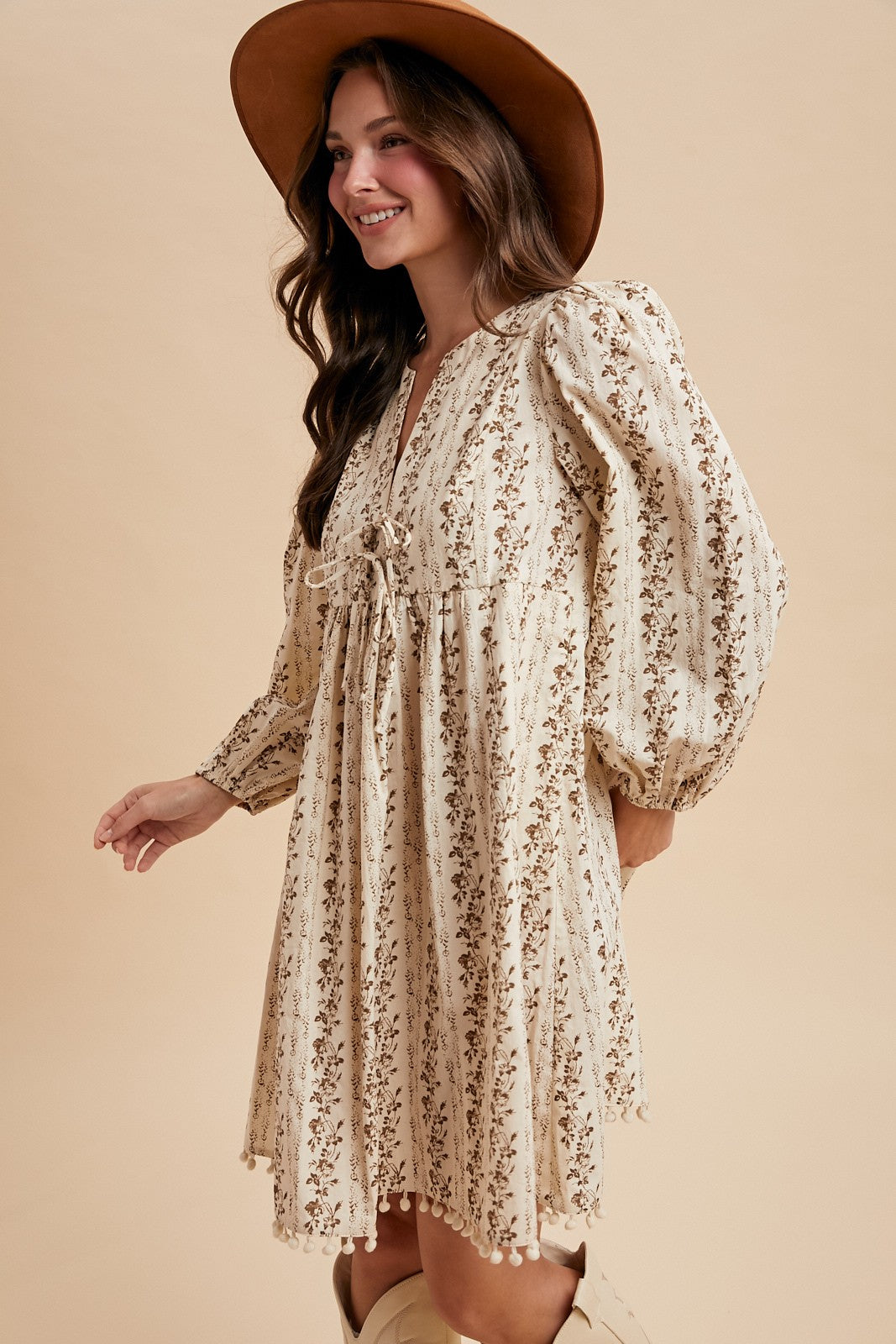 Brown Floral Pom Accent Hem Long Sleeve Dress