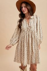 Brown Floral Pom Accent Hem Long Sleeve Dress