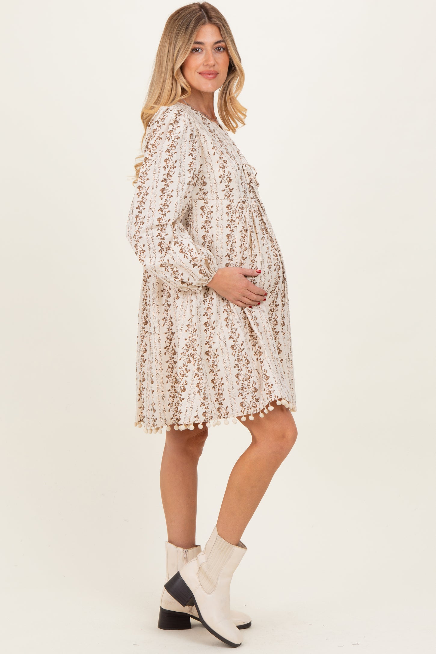 Brown Floral Pom Accent Hem Long Sleeve Maternity Dress