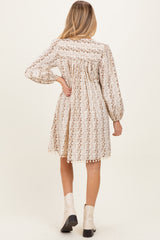 Brown Floral Pom Accent Hem Long Sleeve Maternity Dress