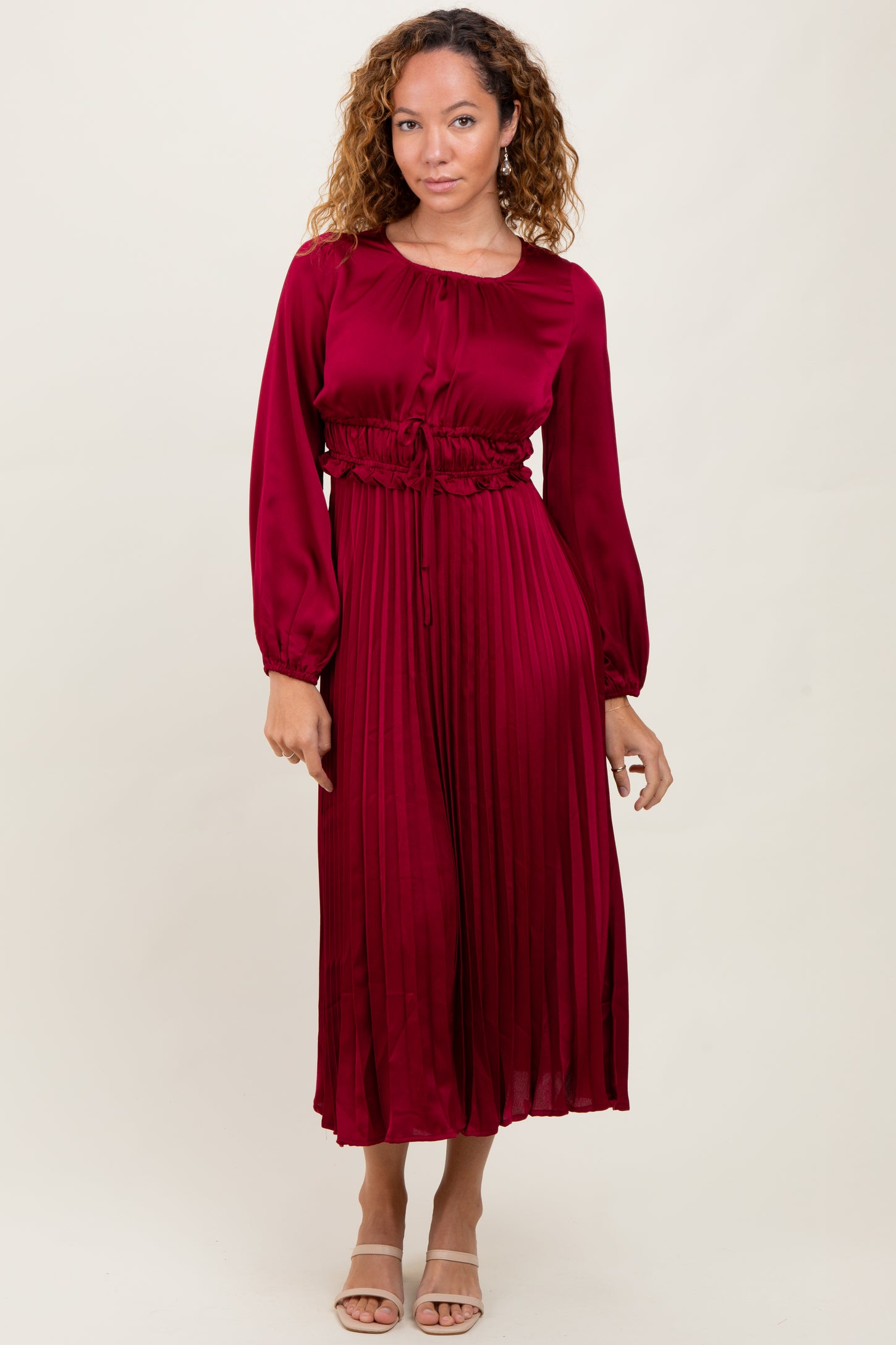 Burgundy Pleated Satin Smocked Waist Maternity Midi Dress