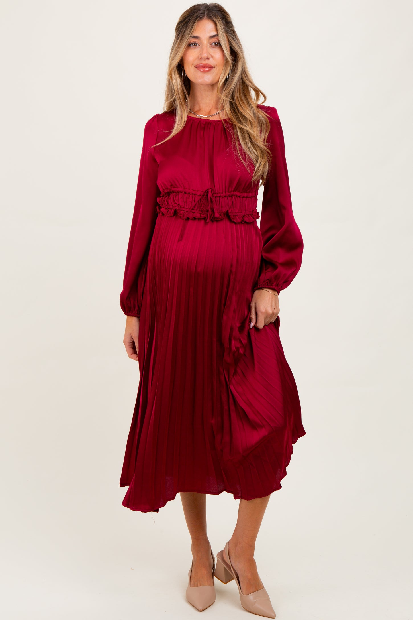 maroon pleated dress Pleated Midi Dress for Women in Burgundy | Ruth by Maryanaz