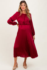 Burgundy Pleated Satin Smocked Waist Maternity Midi Dress