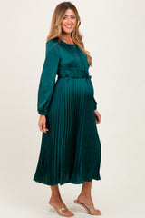 Forest Green Pleated Satin Smocked Waist Maternity Midi Dress