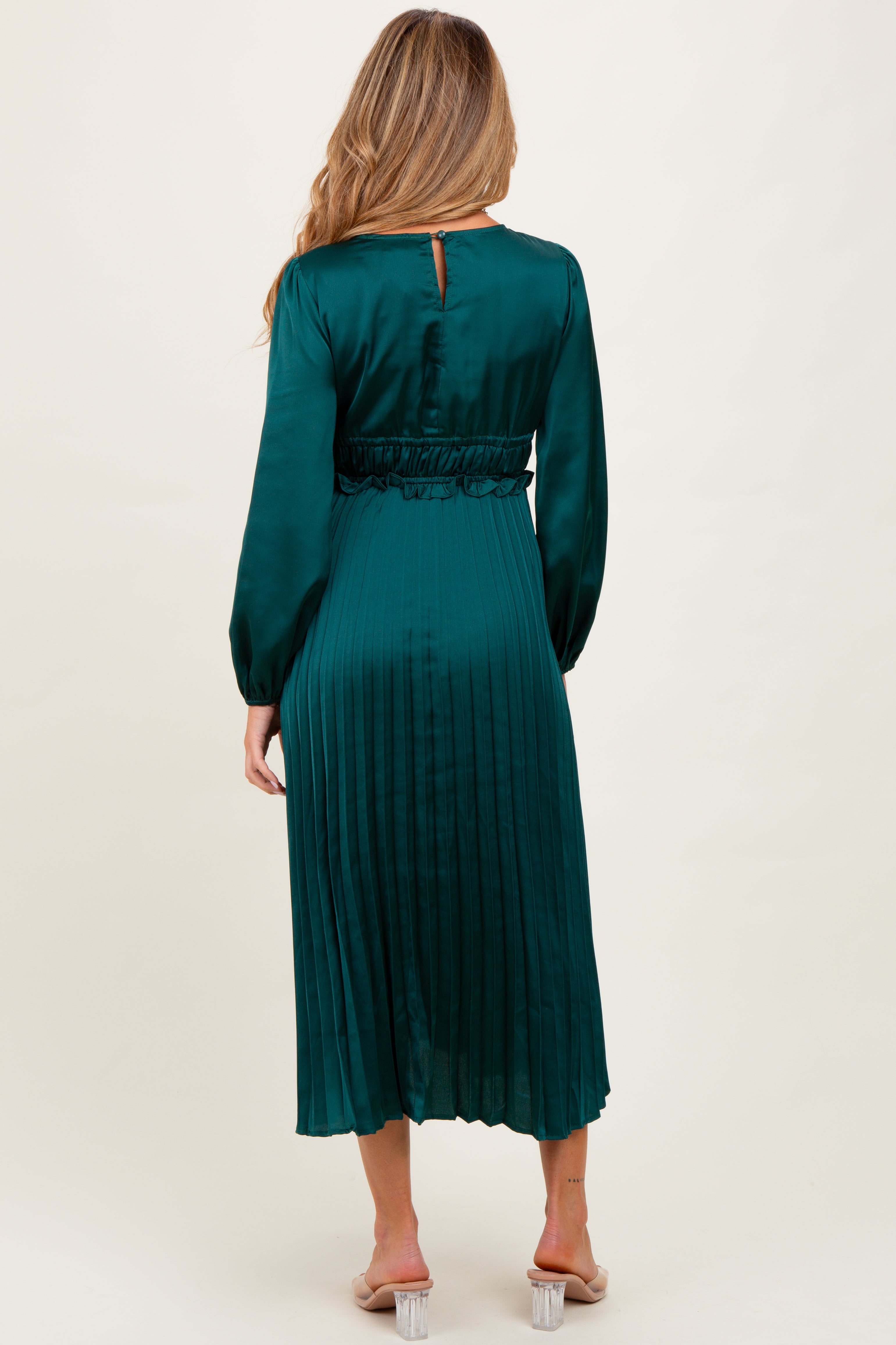 long sleeve green midi dress Forest Pleated Satin Smocked Waist Maternity – PinkBlush Prom Dresses : Hunter Austrian Wedding Dress Code CARE Mid Color:cognac