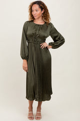 Olive Pleated Satin Smocked Waist Maternity Midi Dress