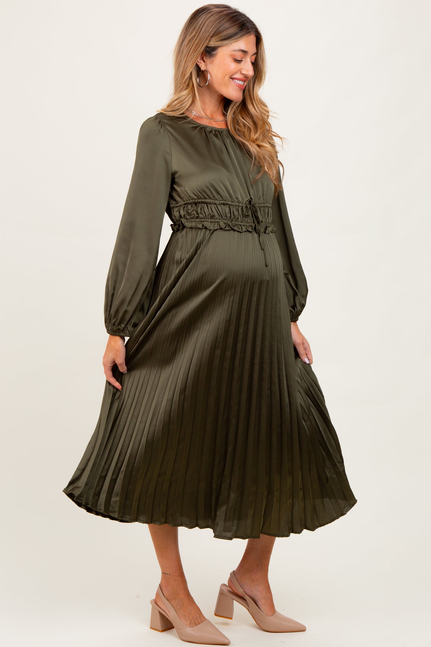 Olive Pleated Satin Smocked Waist Maternity Midi Dress