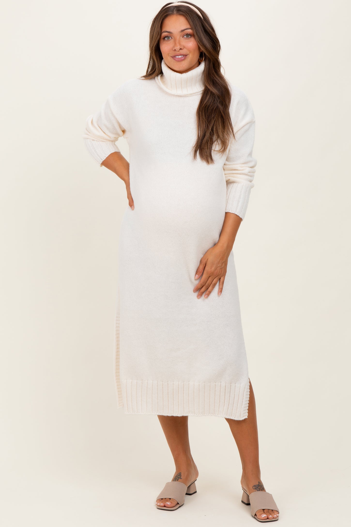 cream turtleneck sweater dress Cream Turtleneck Chunky Knit Maternity Midi Sweater Dress