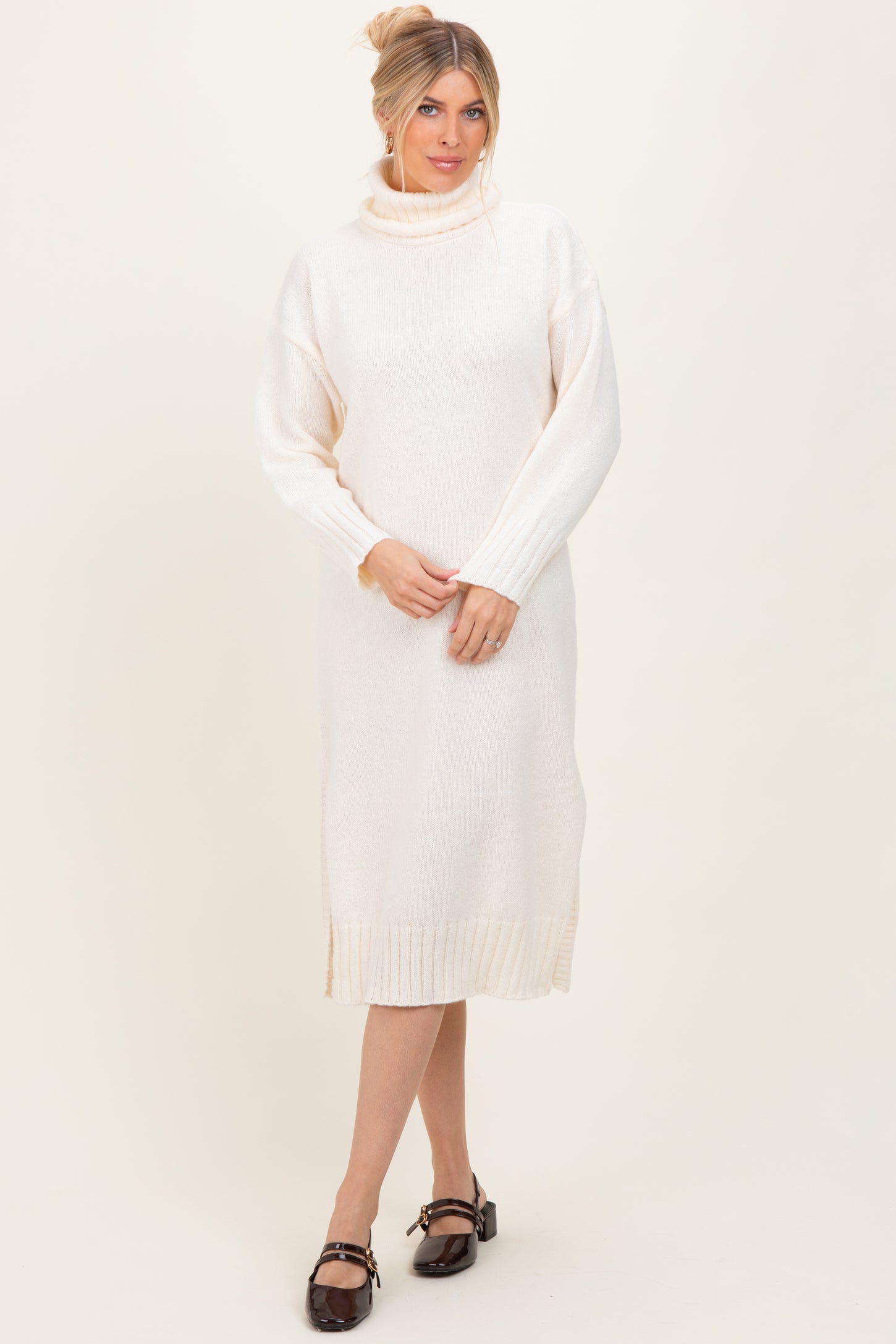 Cream Turtleneck Chunky Knit Midi Sweater Dress Cream Turtleneck Chunky Knit Midi Sweater Dress