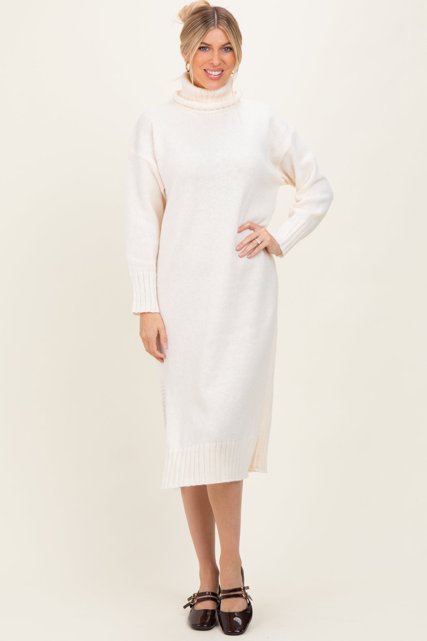 Cream Turtleneck Chunky Knit Maternity Midi Sweater Dress