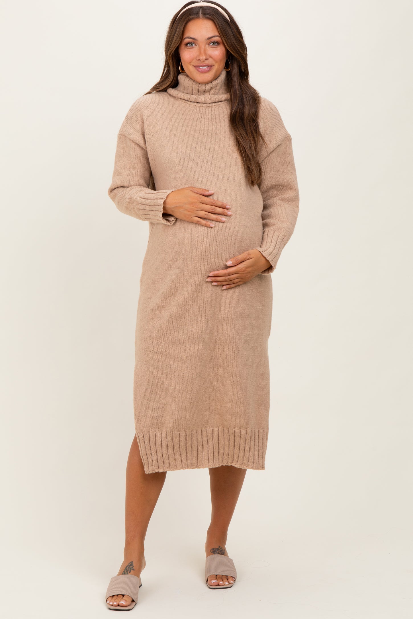 Camel Turtleneck Chunky Knit Maternity Midi Sweater Dress Camel Turtleneck Chunky Knit Maternity Midi Sweater Dress