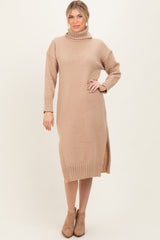 Camel Turtleneck Chunky Knit Midi Sweater Dress