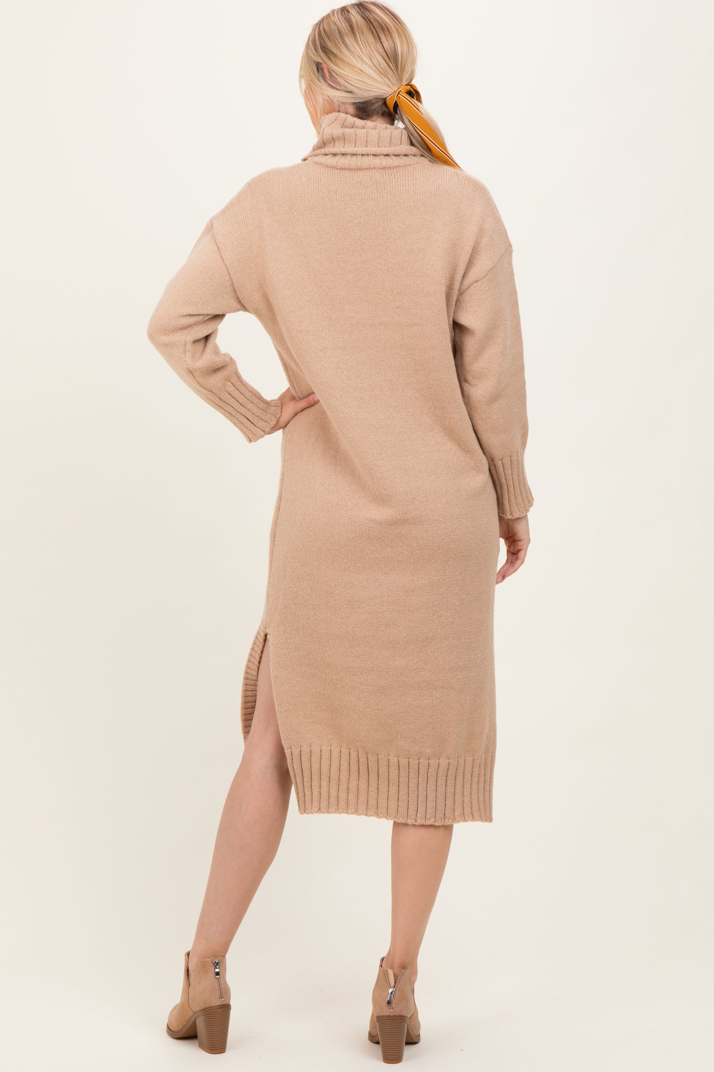 Camel Turtleneck Chunky Knit Midi Sweater Dress Camel Turtleneck Chunky Knit Midi Sweater Dress