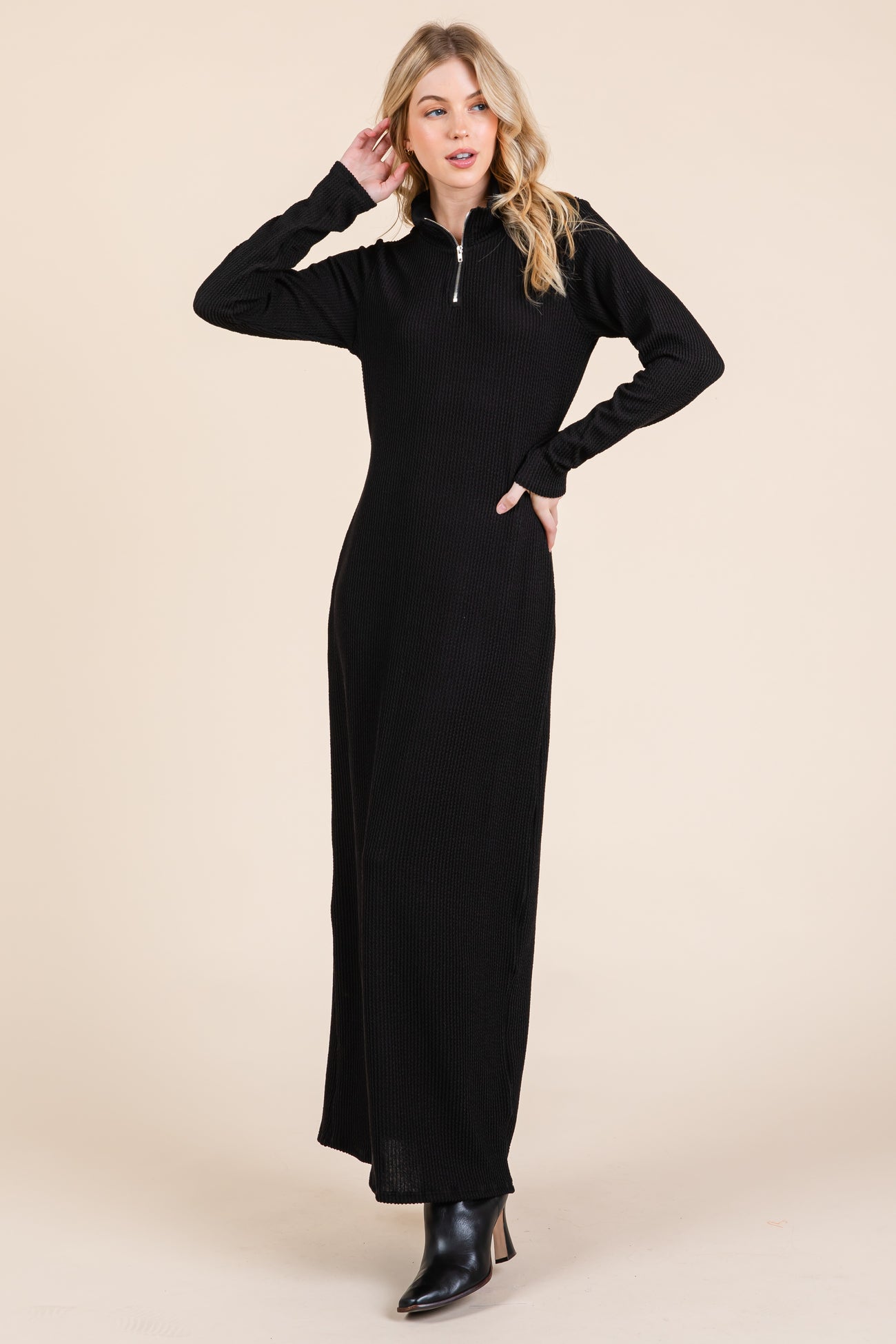 Black Textured Rib Quarter Zip Maxi Dress