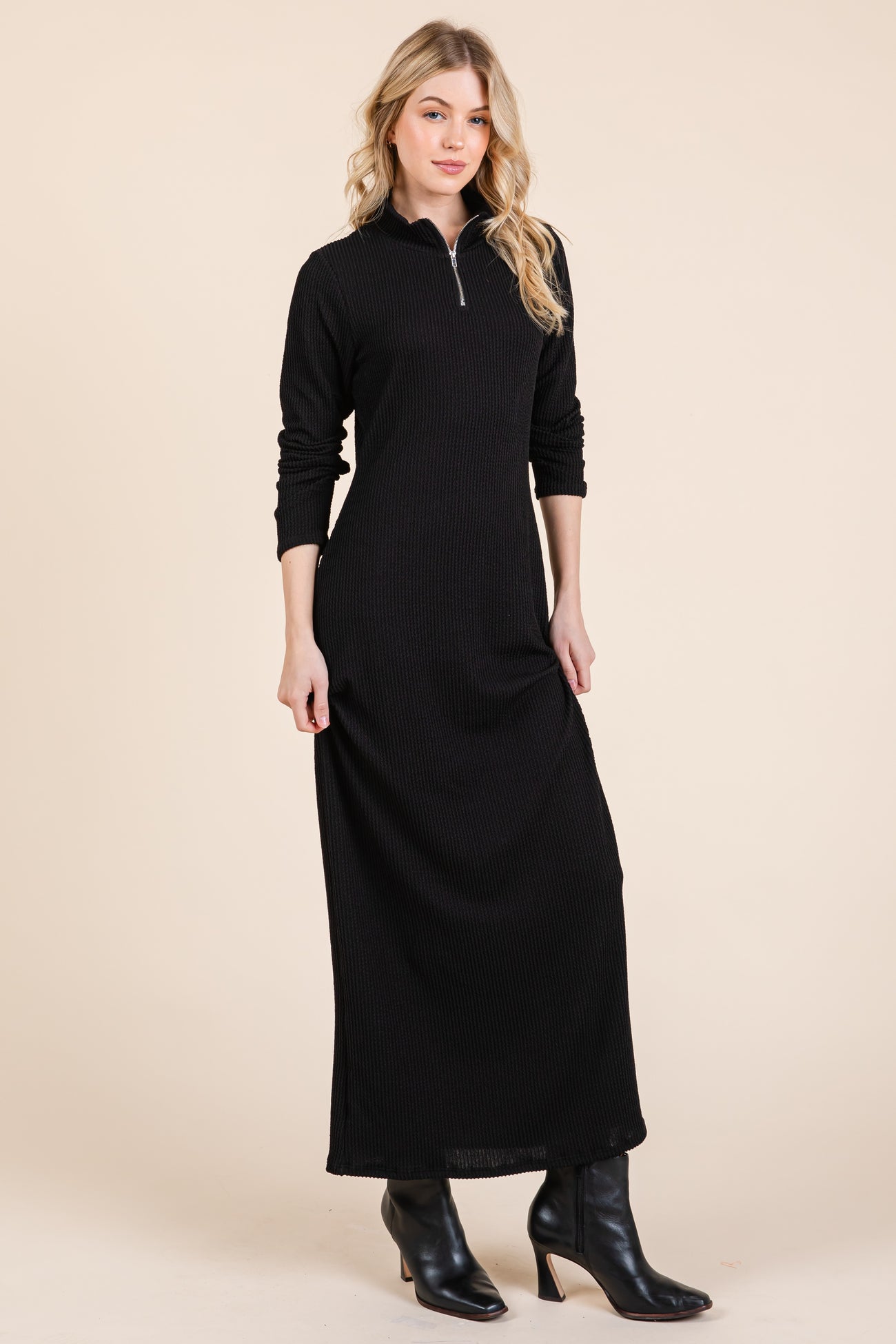 Black Textured Rib Quarter Zip Maxi Dress