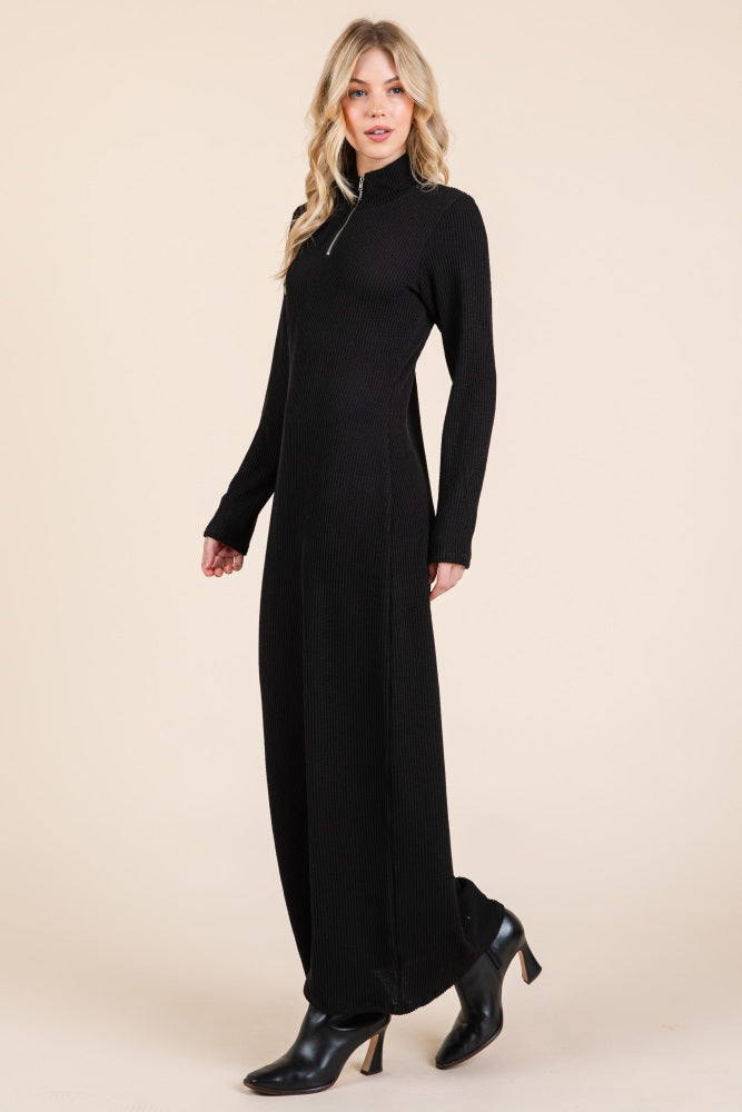 Black Textured Rib Quarter Zip Maxi Dress PinkBlush Black Textured Rib Quarter Zip Maxi Dress PinkBlush