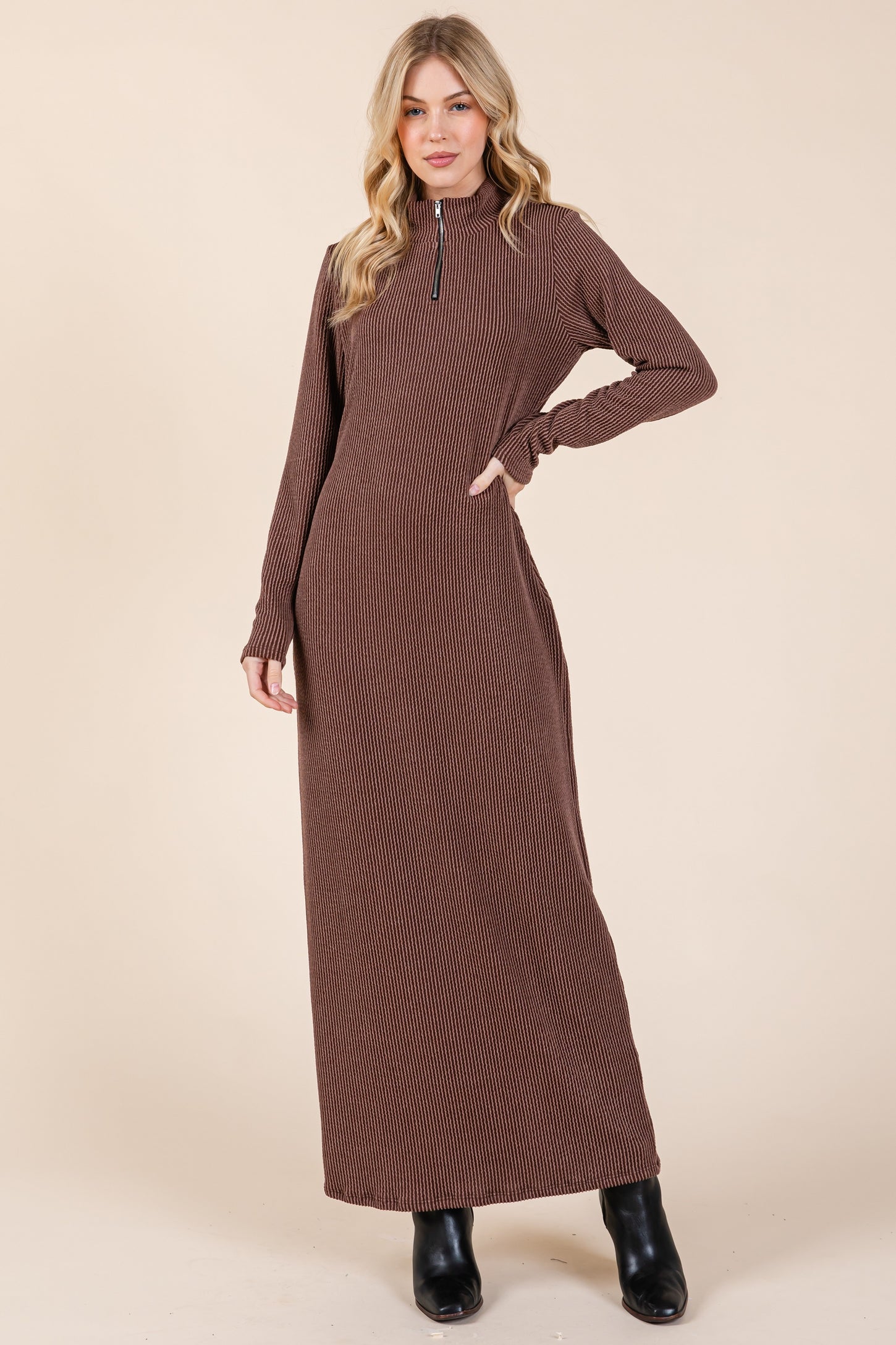 Brown Textured Rib Quarter Zip Maxi Dress