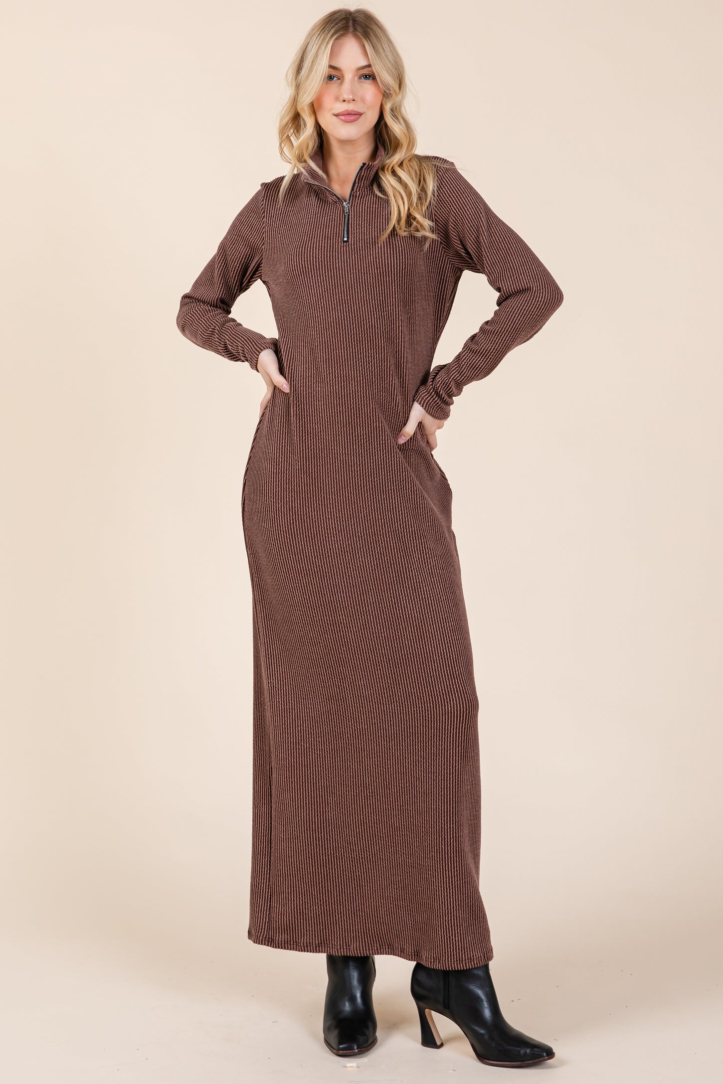 Brown Textured Rib Quarter Zip Maxi Dress