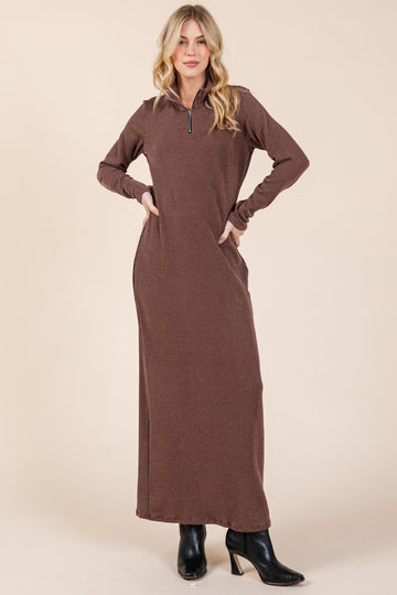 Brown Textured Rib Quarter Zip Maxi Dress