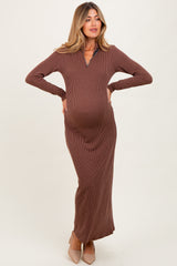 Brown Textured Rib Quarter Zip Maternity Maxi Dress