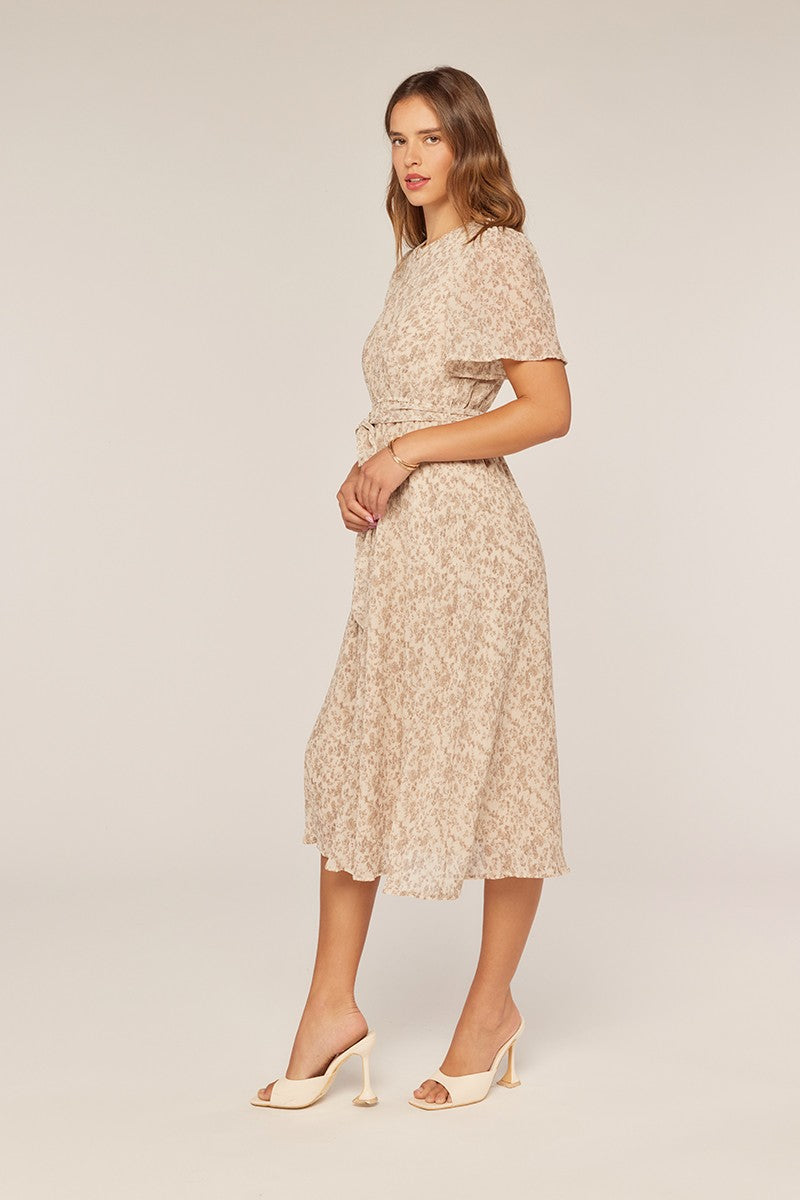 Ivory Floral Plisse Chiffon Midi Dress