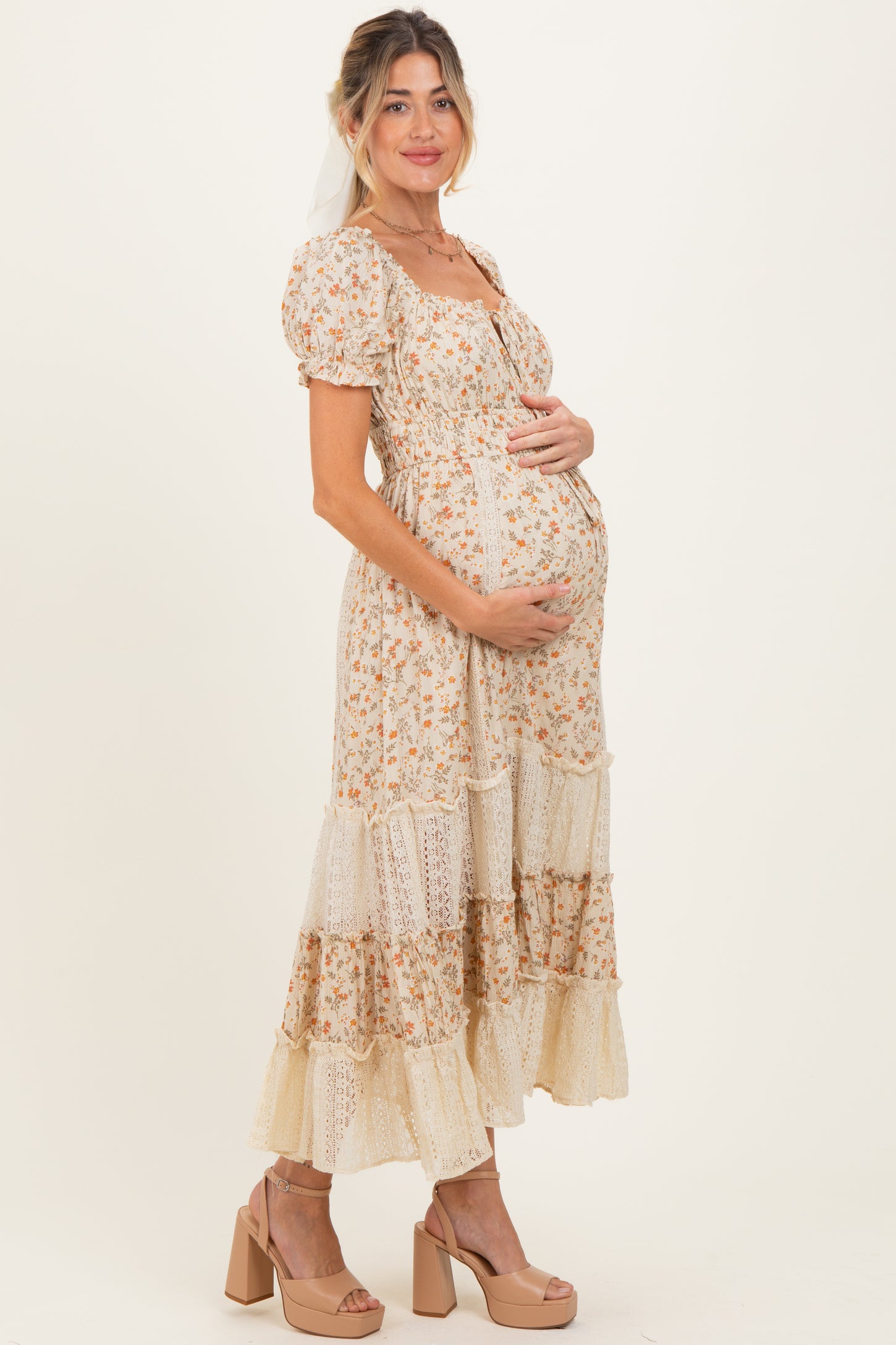 Cream Floral Lace Inset Puff Sleeve Maternity Maxi Dress