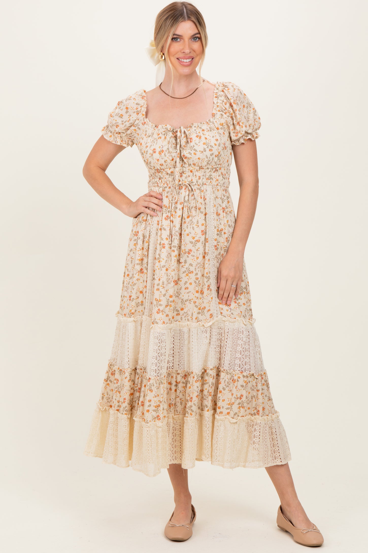 Cream Floral Lace Inset Puff Sleeve Maternity Maxi Dress